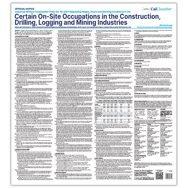 Wage Order 16 - On-Site Construction, Drilling, Logging, and Mining