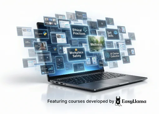 Professional Skills Library with AI, leadership, and wellness courses for today’s workforce, developed by EasyLlama, shown as digital course tiles emerging from a laptop